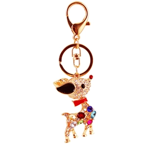 Colorful rhinestone sika deer keychain with golden alloy finish and enamel bow