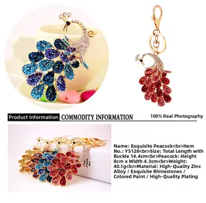 Detailed view of colorful peacock keychains featuring sparkling rhinestones and metal finish