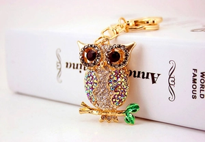 Detailed close-up of a colorful crystal owl keychain with purple rhinestones on a gold base