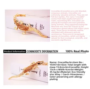 Detail view of gold alloy crocodile keychain with sparkling amber crystals and ring