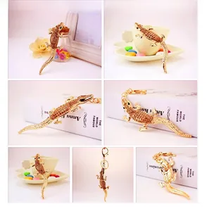 Detail view of a crocodile keychain with brown rhinestones and gold ring in various angles
