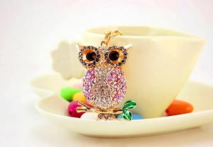 Close-up of colorful rhinestone owl keychain with gold plating and green enamel