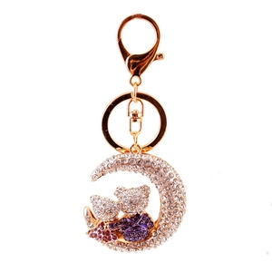 Cute moon bear keychain with sparkling rhinestones in gold alloy for bags and keys