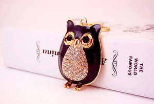 Gros plan du porte-clés hibou doré avec émail noir et strass brillants sur un livre blanc