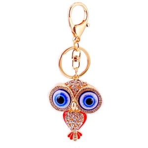 Porte-clés chouette mignon avec œil protecteur, placage or et cristaux pour femmes
