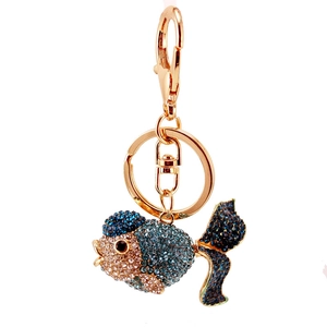 Sparkling gold-plated goldfish keychain with gradient blue and pink rhinestones