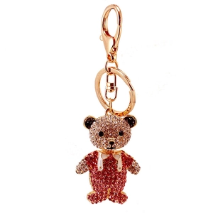 Porte-clés ours en cristal avec strass roses et anneau doré en alliage de zinc