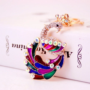 Colorful peacock keychain in gold alloy with crystal rhinestones and enamel oil finish