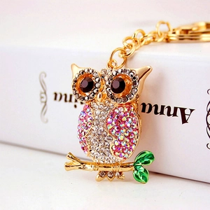 Cute Colorful Owl Metal Keychain Rhinestone Enamel Owl Pendant Keyring For Women Car Keys Handbag Hanging Charm Gift