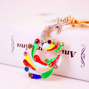 Colorful peacock keychain with multi-color rhinestones and gold alloy lobster clasp