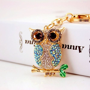 Colorful rhinestone owl keychain in gold metal with crystal eyes on a book background