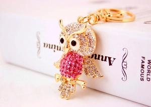 Dettaglio di un portachiavi a forma di gufo dorato con strass rosa su un libro bianco