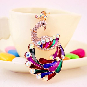 Golden peacock keychain with multicolored enamel and rhinestones for women's handbag