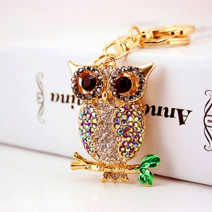 Colorful rhinestone owl keychain with gold plating and green enamel leaves for women