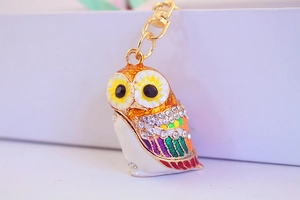 Detailed macro view of crystal-encrusted colorful owl keychain with gold lobster clasp