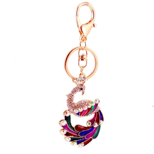 Colorful peacock keychain for women bags with rose gold metal and sparkling crystals