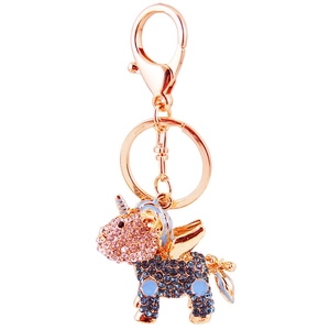 Colorful rhinestone unicorn keychain in gold finish with pink and blue crystal details