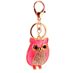 Porte-clés hibou en émail rose marbré avec métal or rose et cristaux scintillants