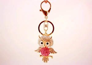 Dettaglio del simpatico portachiavi a gufo con strass rosa e bianchi su metallo dorato