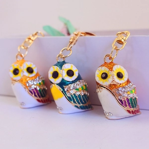 Colorful Enamel Owl Keychain With Sparkling Rhinestone Inlaid Zinc Alloy Metal Pendant Bag Accessories Gold Plated Keyring For Women Gift