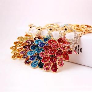 Colorful peacock keychain with rhinestone inlay and gold plating for women handbag
