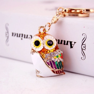 Colorful owl keychain with sparkling rhinestones and gold-plated metal link chain