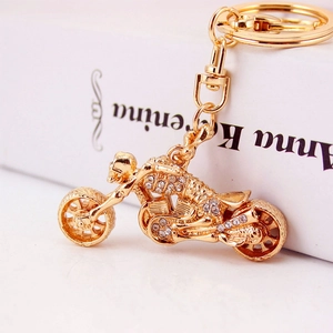 Creative gold motorcycle keychain with sparkling rhinestones and spring hook for men