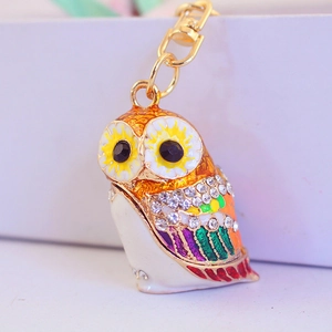 Colorful metal owl keychain with enamel finish and sparkling crystals on gold plating
