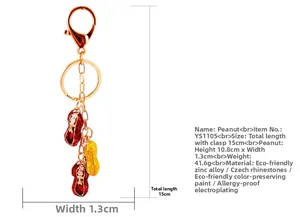 Detail view of colorful peanut keychain with dimensions showing the 15cm length and zinc alloy
