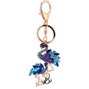 Kreativer Flamingo-Schlüsselanhänger mit blauen Strasssteinen auf Roségold-Basis