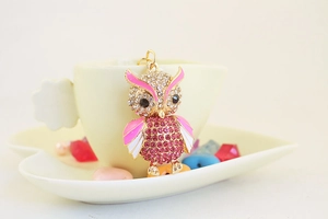 Detail von Eulen-Schlüsselanhänger mit rosa Strasssteinen und Emaille-Flügeln auf Tasse