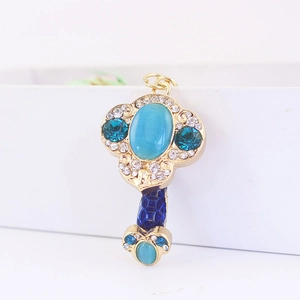 Luxury blue gemstone key pendant keychain with cat eye stone and enamel details
