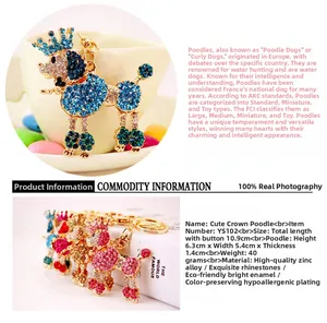 Detail view of crown poodle keychain with alloy material and dimensions specifications