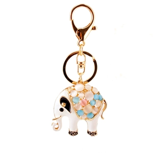 Creative opal elephant keychain with colorful beads and golden metal ring for bags