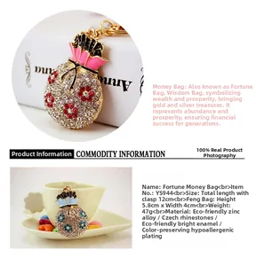 Detail showing dimensions of crystal money bag keychain with zinc alloy and rhinestones