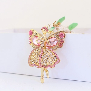 Élégante broche fée ballerine avec cristaux roses et finition dorée pour accessoires femme