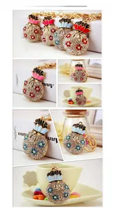 Detail view of lucky money bag keychain with colorful rhinestones and Ru Yi knot