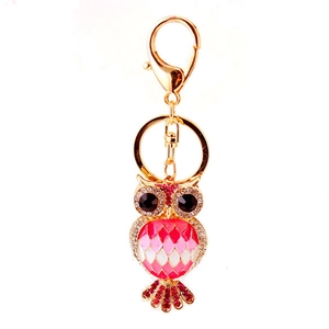 Squisito portachiavi a forma di gufo con smalto rosa e strass su lega dorata lucida