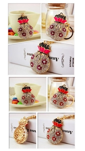 Macro detail of crystal encrusted fortune bag keychain with floral patterns and red enamel