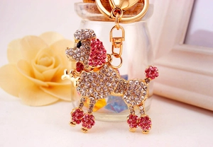 Detailed close-up of a sparkling poodle keychain with pink rhinestones and gold plating