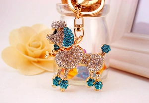 Macro detail of poodle keychain with white rhinestones and blue crystal accents