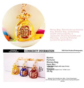 Macro view of Chinese lucky money bag keychains with colorful enamel and crystal inlays