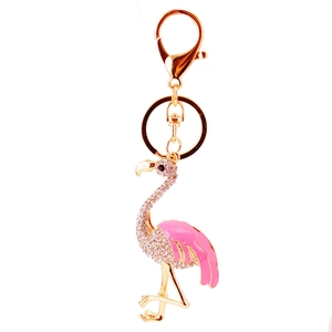 Porte-clés flamant rose orné de cristaux et métal doré pour décoration de sac à main