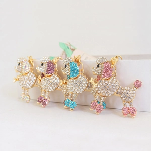 Crystal Encrusted Poodle Keychain Fashion Metal Dog Bag Charm Gold Plated Rhinestone Animal Puppy Key Ring Pendant For Women Gift