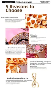 Detailed views of pink bear keychain featuring eco-friendly plating and crystal rhinestones