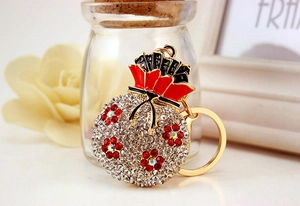 Macro detail of money bag keychain with white crystals and red enamel plum blossoms