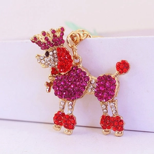 Porte-clés caniche à couronne créatif avec strass colorés sur une base en métal doré