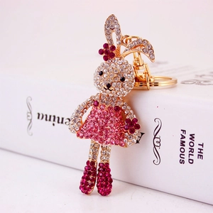 Sparkling cartoon rabbit keychain with pink crystal dress and gold lobster clasp decoration
