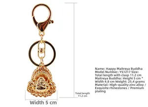 Detailed view of golden Maitreya Buddha keychain with sparkling rhinestones and metal clip