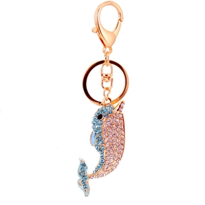 Sparkling dolphin keychain with blue and pink crystals on rose gold metal ring